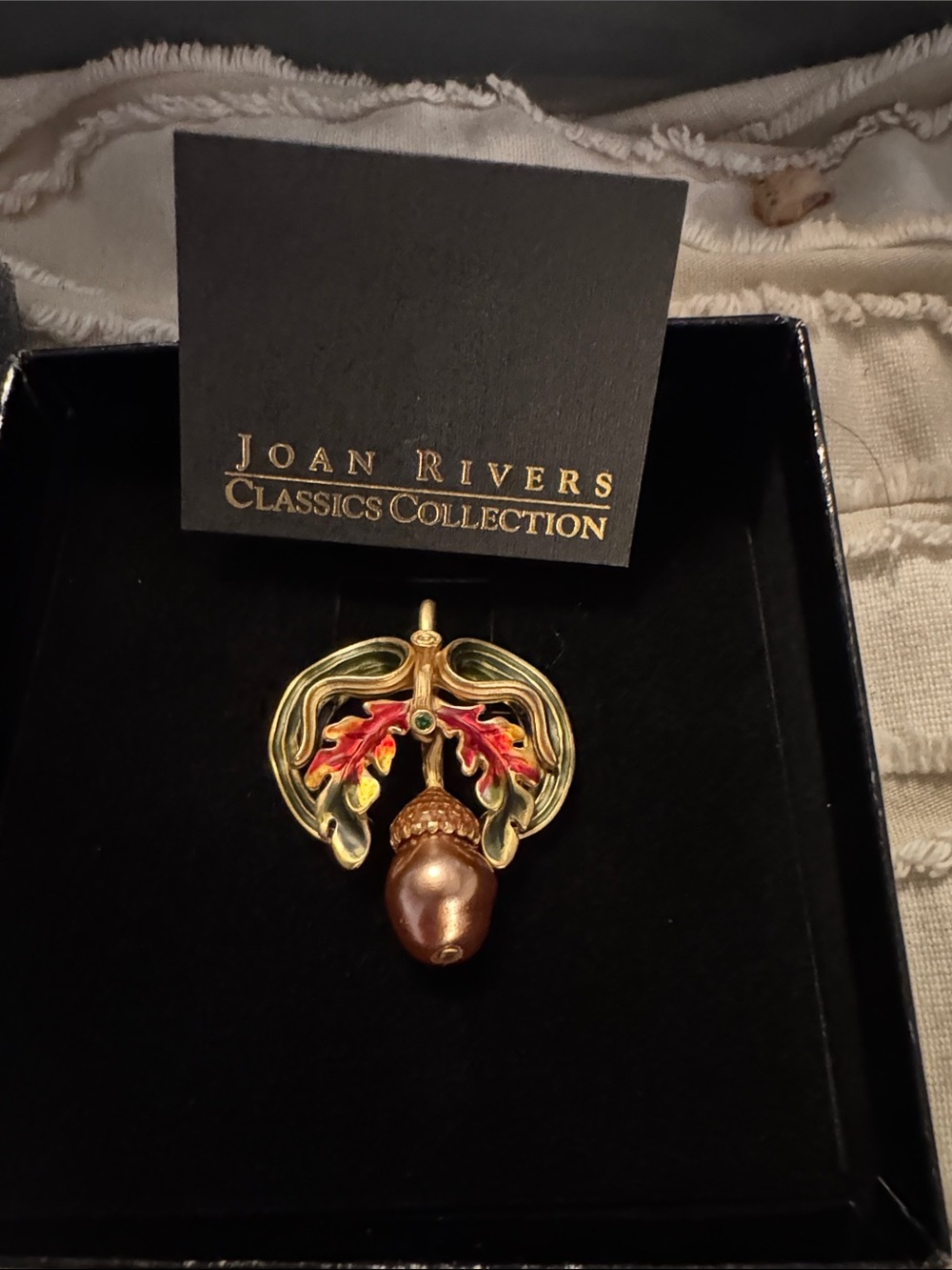 NWT Joan Rivers Gold-Tone Acorn Brooch with Red and Green Enamel in box